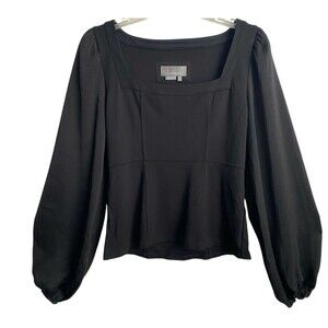 Anthropologie Black Square‎ Neck Stretch Ponte Blouse  Top Balloon Sleeve EUC S